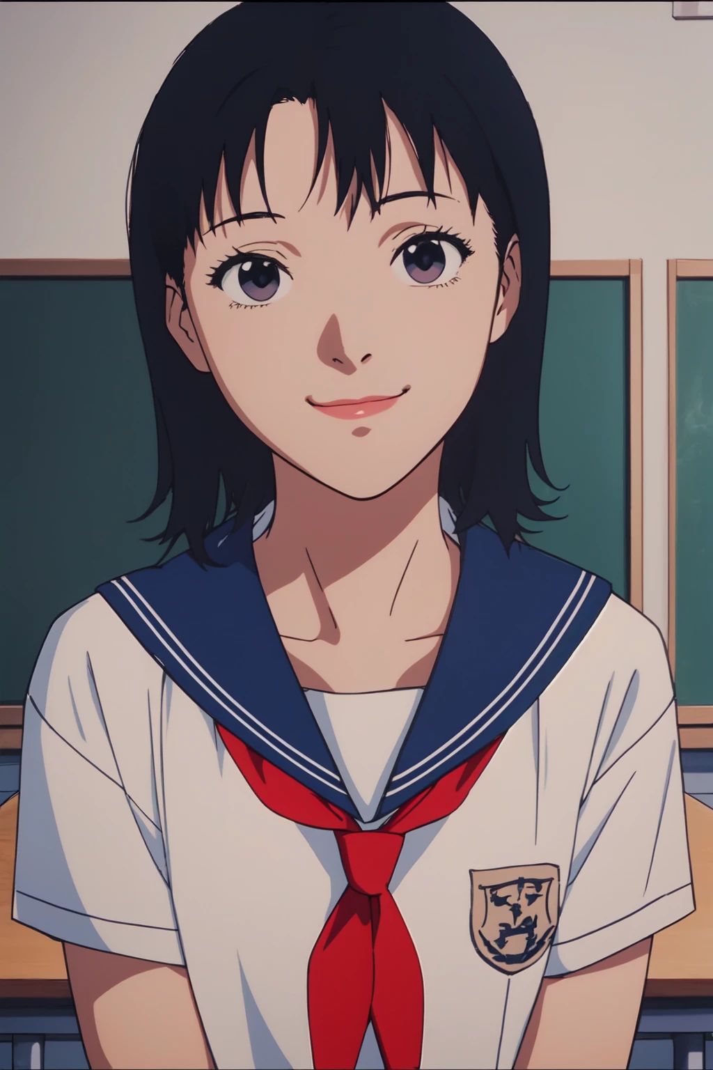 (RAW photo, best quality), 1girl, natural lighting, upper body, sailor shirt, school uniform, smile, classroom, school,
<lora:satoshi_kon_art_style_v1_2-000007:1>, satosh kon art style