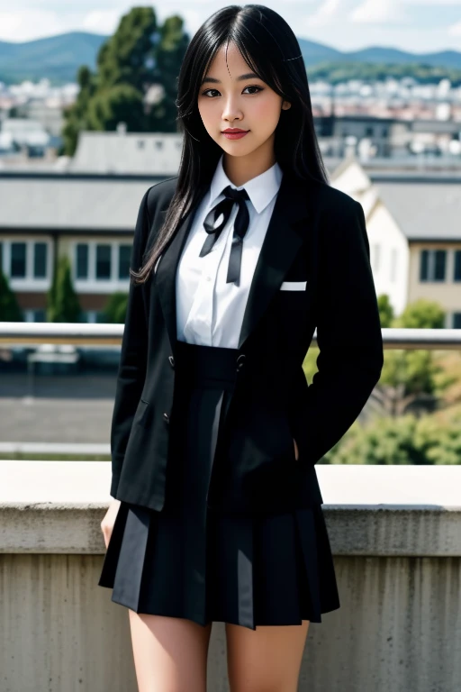 realistic, masterpiece, high detailed skin, looking at viewer, full body shot, scenic view, long hair, black hair
<lora:Black_White_School_Dress_By_Stable_Yogi:0.8> school uniform, black jacket, long sleeves, collared shirt, white shirt, neck ribbon, grey skirt, black socks, footwear