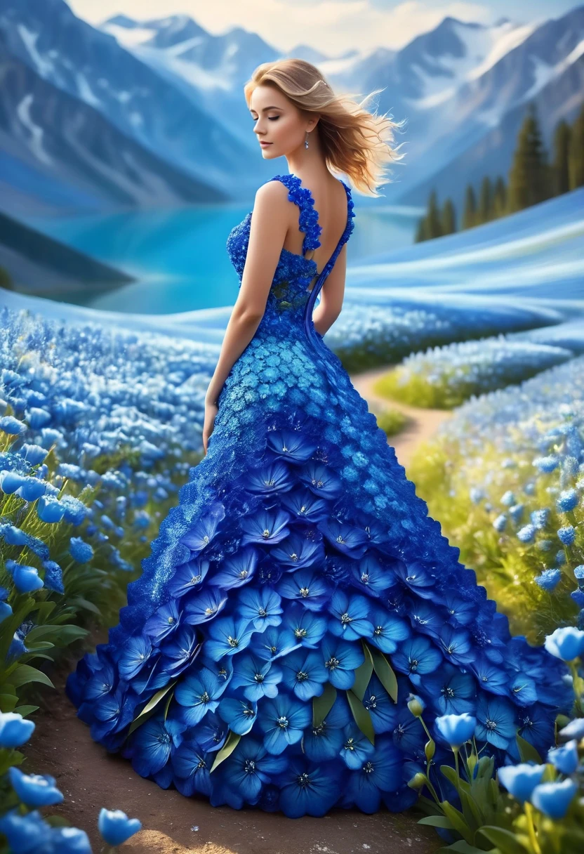 pam-flwr woman with beautiful dress made of blue flowers, beautiful landscape background, bokeh,highly detailed,realistic,lifelike,studio photo,highly detailed,dynamic,cinematic,masterpiece,intricate,hdr,abstract fractal, romantic atmosphere