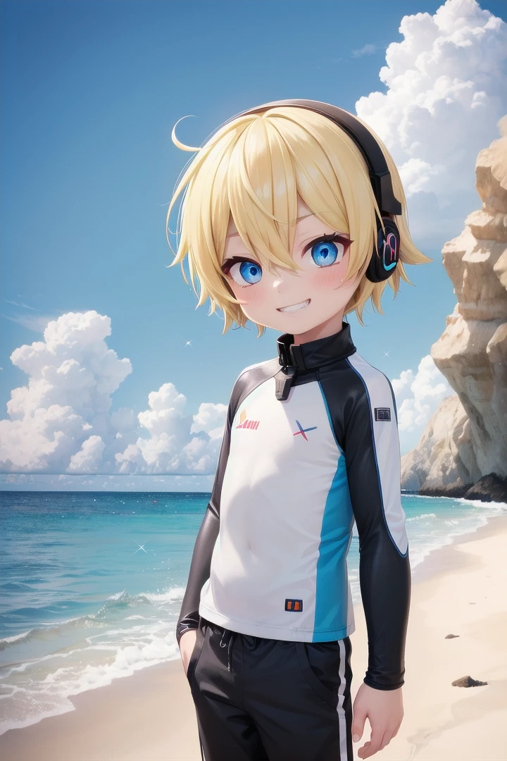 (1boy:1.4), (very short hair), crew cut, (solo:1.4), sfw, (bulge:0.4), male character, ((masterpiece)),
multicolored background, hair between eyes, highlight in eyes, (blonde hair:1.4)
(blue rashguard :1.1), (long pants:1.2) , colorful eyes,  male character, male focus,
multiple details, sky, sea, beach , outside, short hair, handsome,  beautiful eyes (vocaloid), delicate features, high light in eyes, (narrow chin:1.5), triangle chin, (introvert:1.6)
petite, young, juvenile, short hair, male face, detailed beautiful little boy, adorable boy, sparkling eyes,
evil grin,  energetic eyes