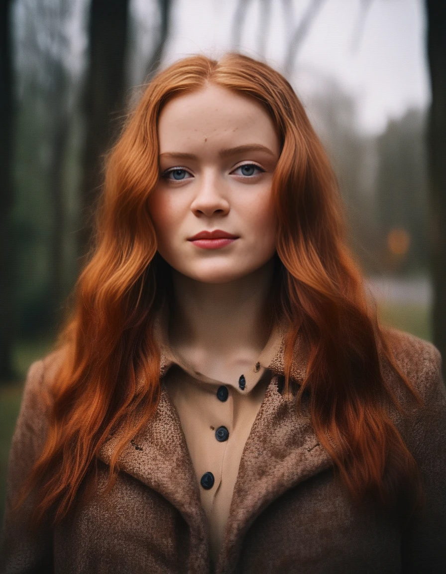 SadieSink,<lora:SadieSinkSDXL:1>, cinematic photo (art by Mathias Goeritz:0.9) , photograph, Lush Girlfriend, looking at the camera smiling, Rich ginger hair, Winter, tilt shift, Horror, specular lighting, film grain, Samsung Galaxy, F/5, (cinematic still:1.2), freckles . 35mm photograph, film, bokeh, professional, 4k, highly detailed