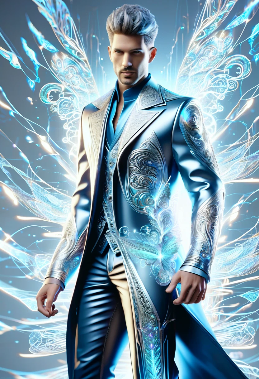 hyper detailed masterpiece, dynamic,awesome quality,DonM3lv3nM4g1cXL magic, ,male sload, holographic fashion stylist, <lora:DonM3lv3nM4g1cXL-v1.1-000006:1>