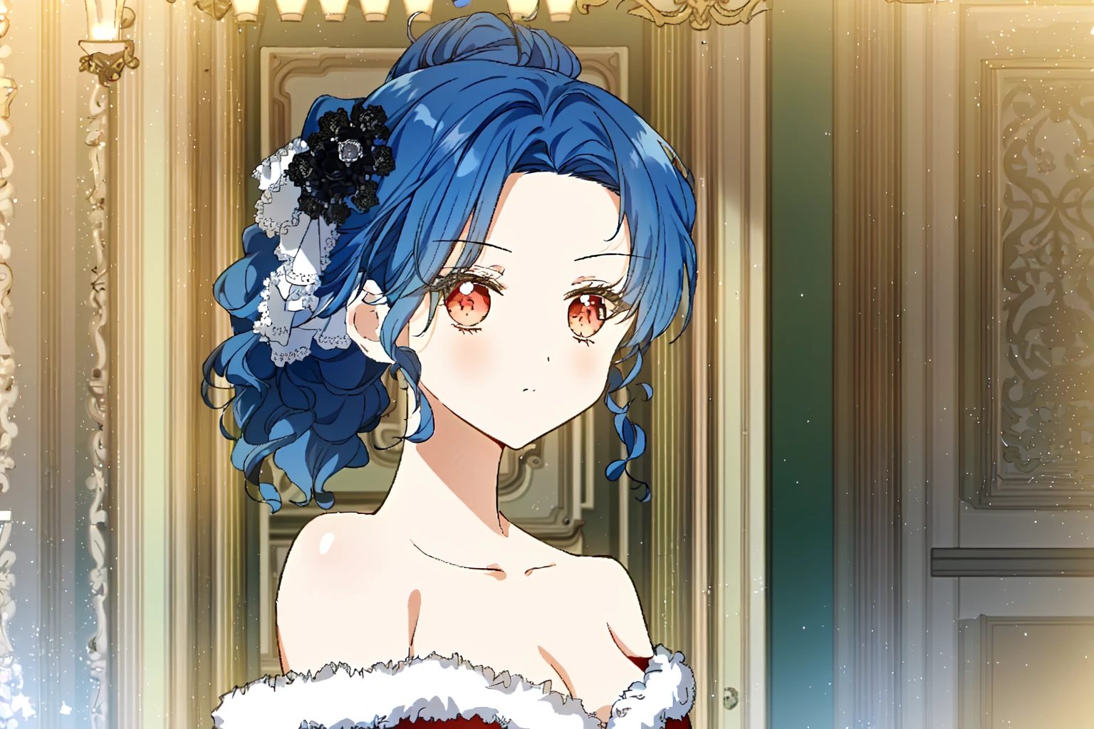 1girl, looking at viewer, off shoulder, fur trim, from side, (from above:0.9), indoors, flower, sunlight, impossible clothes, bare shoulders, cleavage, medium breasts, blue hair, red eyes, curly hair, hairclip, hair ornament, x hair ornament, ponytail, upper body,
i shall master this family style,
masterpiece, best quality,
<lora:i_shall_master_this_family_lycoris-000004:1>