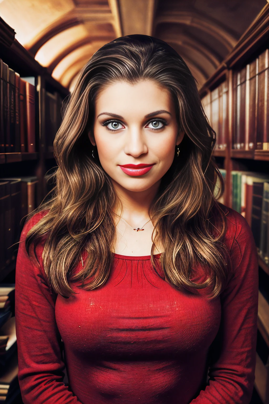 a professional photograph of beautiful (DF1sh31:1.1) woman,as a librarian,wearing a red plaid dress,standing in a (library at Oxford University:1.3),holding an leather bound Oxford dictionary,with students studying at (wooden desks:1.2),with (high arched ceiling:1.2),surrounded by rows of tall (bookshelves with ladders:1.3) in background,long hair,lipstick,makeup and eyeshadow,face focused,detailed eyes,(highly detailed),(HDR),(8k wallpaper),dim lighting,intricately detailed,low contrast,highres,absurdres,hyper realistic,taken with (Canon EOS 1Ds camera),extremely intricate,dramatic,(looking at viewer),4k textures,hyperdetailed,PA7_Portrait-MCU,<lora:DF1sh31_05B-000002:0.9>,