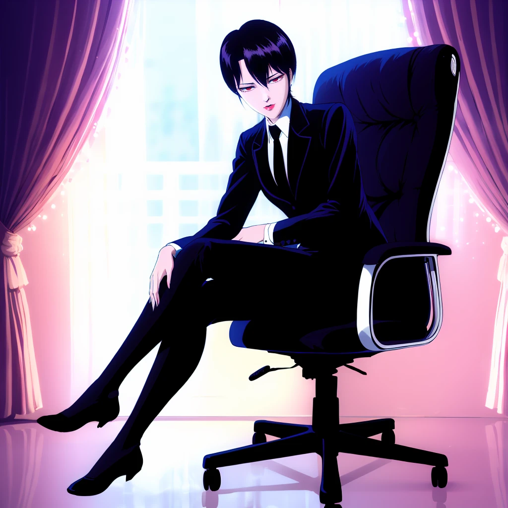 <lora:Makie002:0.7>,<lora:add_detail:0.5>,<lora:noline:0.3>,<lora:boldline:-0.3>,
Makie,1girl,solo,
black hair,short hair,red eyes,
suit,
necktie,pants,
full body,sitting,chair,