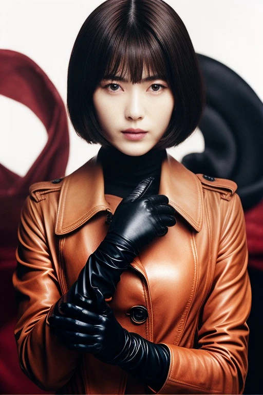 a photoshoot RurikoMidorikawa, a beautiful woman, open brown leather coat, face focus, looking at viewer, unbuttoned, holding long red fabric in her hand, hand on chest, short black gloves, perfect face, artsy, stylizing, 