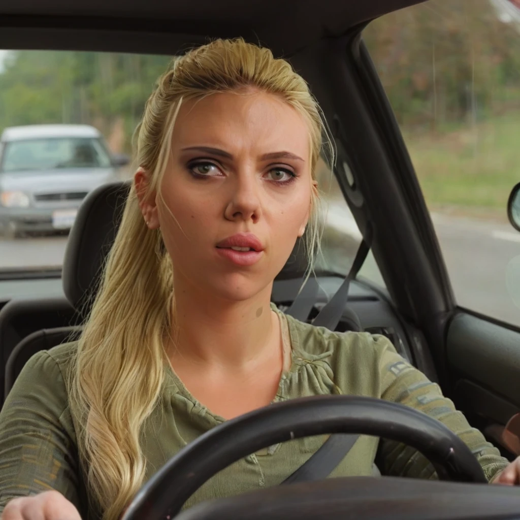 scarlettjohansson, blonde, ponytail, driving in a car, half body shot <lora:scarlettjohansson:1>