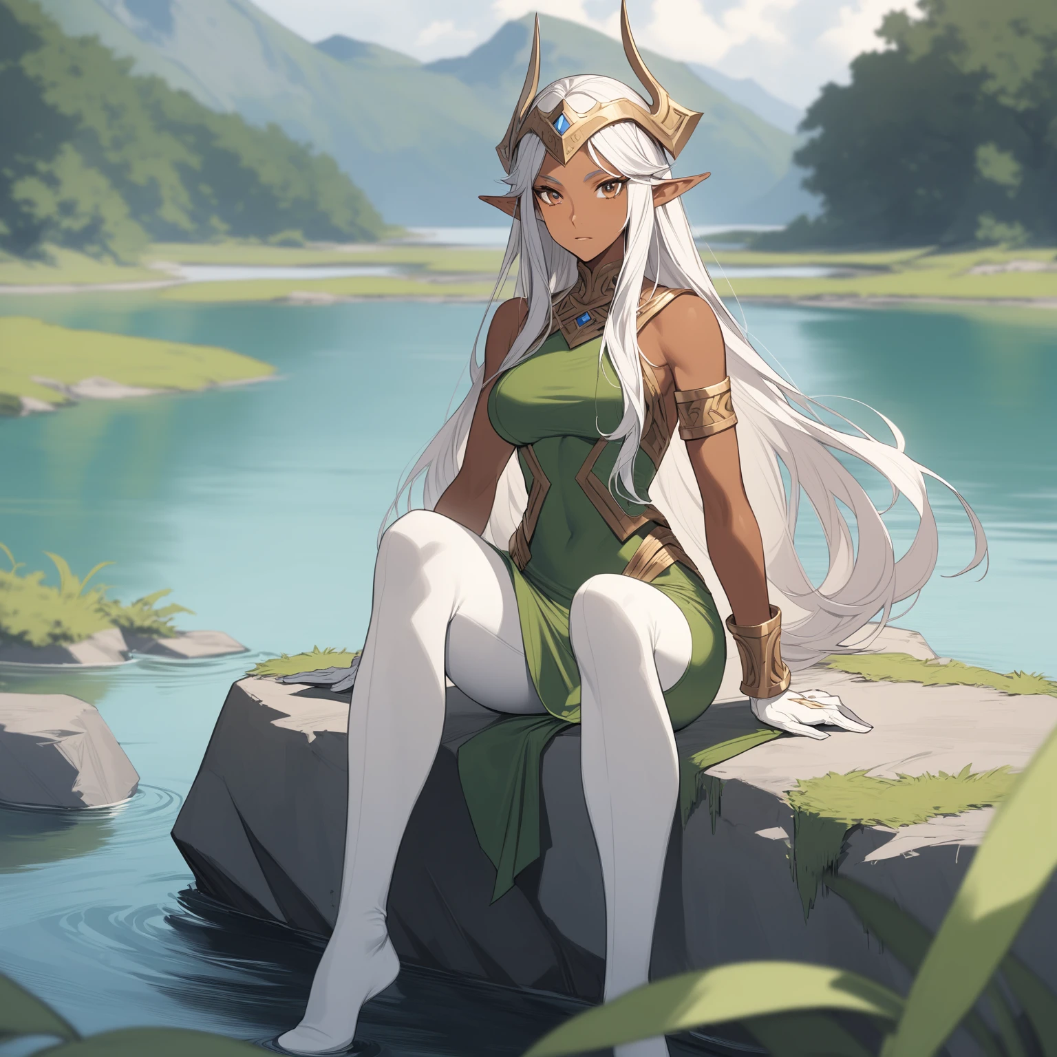 a woman elf with long white hair and brown eyes, tanned skin, green tight fitting dress, long white gloves, white thighhighs, arm bangle, headpiece, warrior, sitting on a rock near a lake