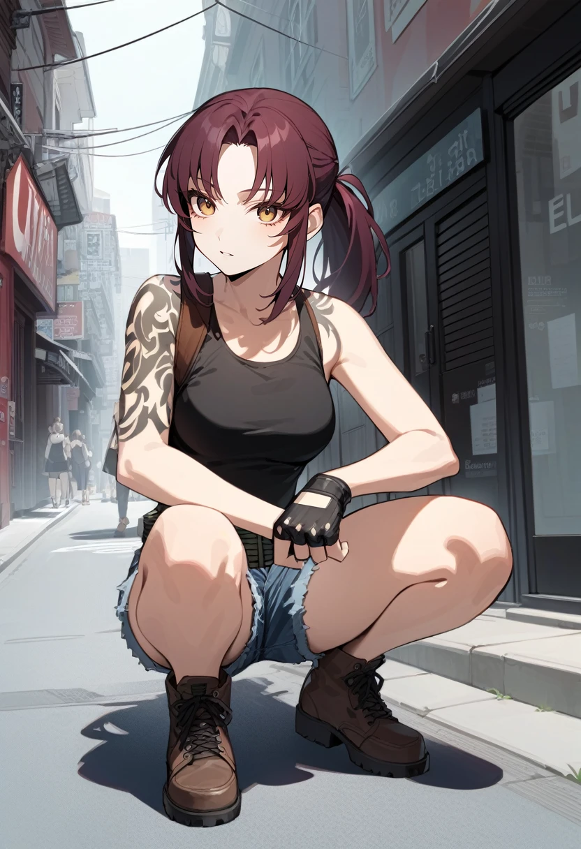 solo, 1girl, revy, expressionless, squatting, ponytail, tank top, fingerless gloves, denim shorts, brown footwear, holster, belt, outdoors, city street, newest <lora:blacklagoon_revy_xl-000004:1>