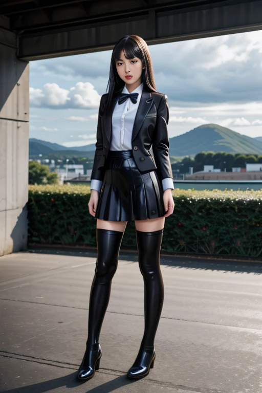 realistic, masterpiece, high detailed skin, looking at viewer, full body shot, scenic view, long hair, black hair
<lora:Latex_School_Dress_By_Stable_Yogi:1> latex pattern school uniform, blazer, skirt, thighhighs