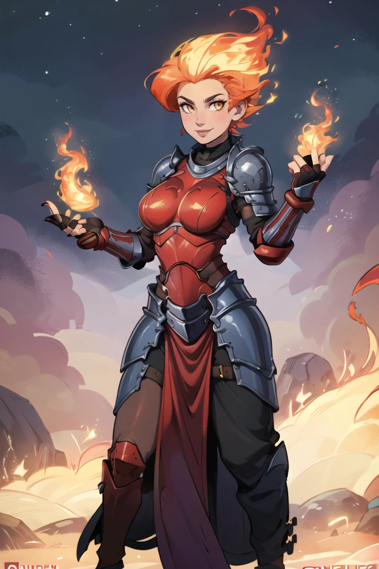 ((masterpiece,best quality)), absurdres, <lora:Fiery_Hair:0.8>, Fiery_Hair, fiery hair, glowing, 1girl, solo, smiling, looking at viewer, cowboy shot, shiny metal, full body armor, breastplate, fingerless gloves, shoulder armor, gauntlets