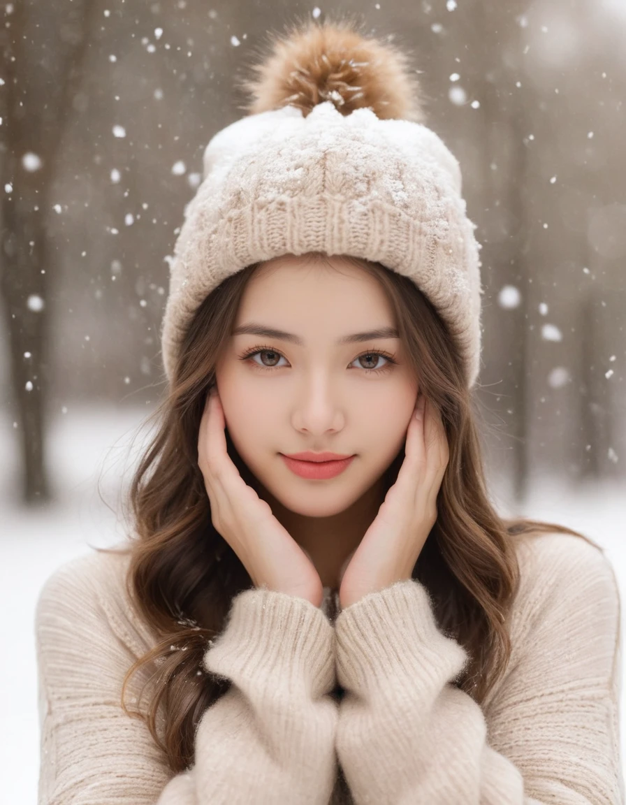 masterpiece, best quality, raw photo, realistic, 1girl, (helf-length portrait:1.5), long hair, sweater, sweater hat, supporting head on hands, (cute face, temptations look), snowing background, (sepia photography), (professional photo, balanced photo, balanced exposure)