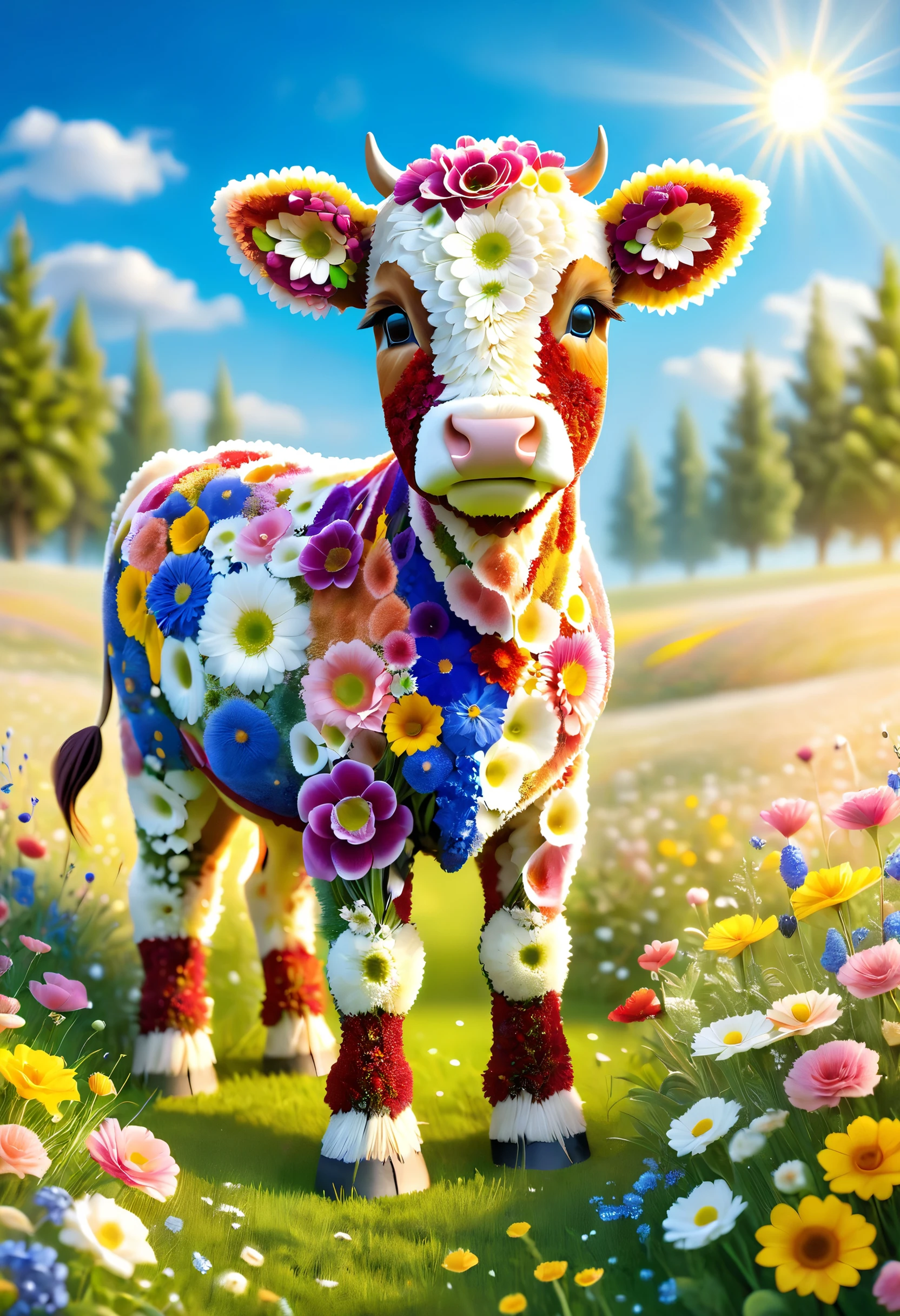 pam-flwr a cute calf made of flowers, standing on a meadow,blue sky and sun, bokeh,highly detailed,realistic,lifelike,studio photo,highly detailed,dynamic,cinematic,masterpiece,intricate,hdr,abstract fractal, romantic atmosphere