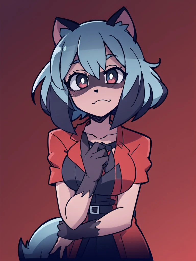 1 girl, raccoon girl, solo, furry,furry female, michiru_kagemori, blue hair,short hair, multicolored eyes, animal nose,triangle shaped nose, animal ears, (tail), [bushy tail:0.5], two tone skin, (high quality, best quality, (4k), hi res, masterpiece, beautiful, high details), red sky, looking at viewer, sleepy, pillars, simple background, helltaker, <lora:MichiruKagemoriV2:0.8>,  <lora:Helltaker_v6:0.8>