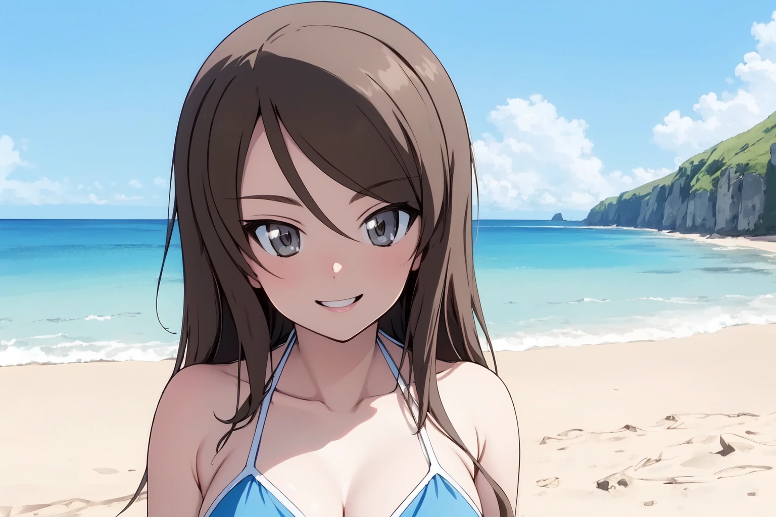 (RAW photo, best quality), 1girl,  natural lighting, smile, 
<lora:girls_und_panzer_mika_v1_2:1>, mika (girls und panzer), beach, ocean, bikini,