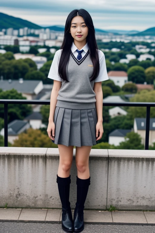 1 woman, 22yo, realistic, masterpiece, high detailed skin, looking at viewer, full body shot, scenic view, long hair, black hair
 <lora:Grey_School_Dress_By_Stable_Yogi:1> school uniform, grey skirt, grey sweater, shirt, tie, short sleeves, socks, boots