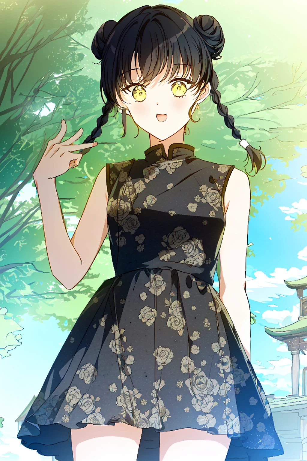 1girl, solo, solo focus, (mature female, aged up:1.2), light smile, (from below:0.8), china dress, print dress, dragon, sleeveless, black hair, yellow eyes, double bun, twin braids, open mouth, hip vent, cowboy shot, medium breasts,
i shall master this family style,
masterpiece, best quality,
<lora:i_shall_master_this_family_lycoris-000004:1>