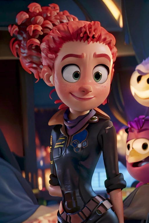 Tulip From Storks, bushy ponytail,  portrait,  3d,  catoon,  pixar, happy expression,  soft smile,  closed mouth,  close up,  adult,  spy suit,<lora:EMS-266278-EMS:1.300000>