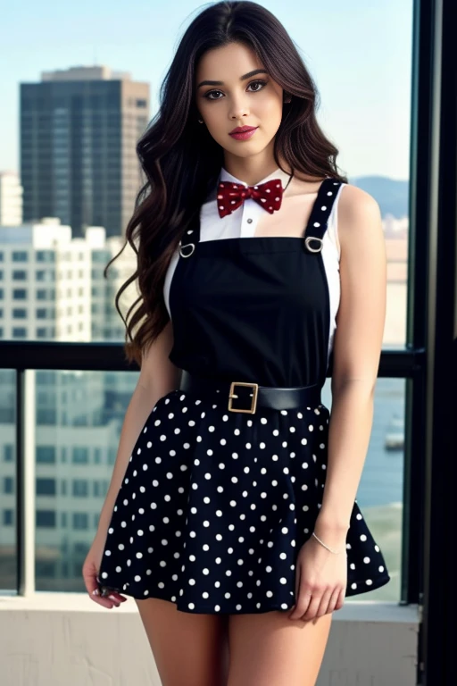 realistic, masterpiece, high detailed skin, looking at viewer, full body shot, scenic view, long hair, black hair
<lora:Pinafore_Polka_School_Dress_By_Stable_Yogi:1> polka dots pattern, black pinafore dress, long skirt, red bowtie, belt