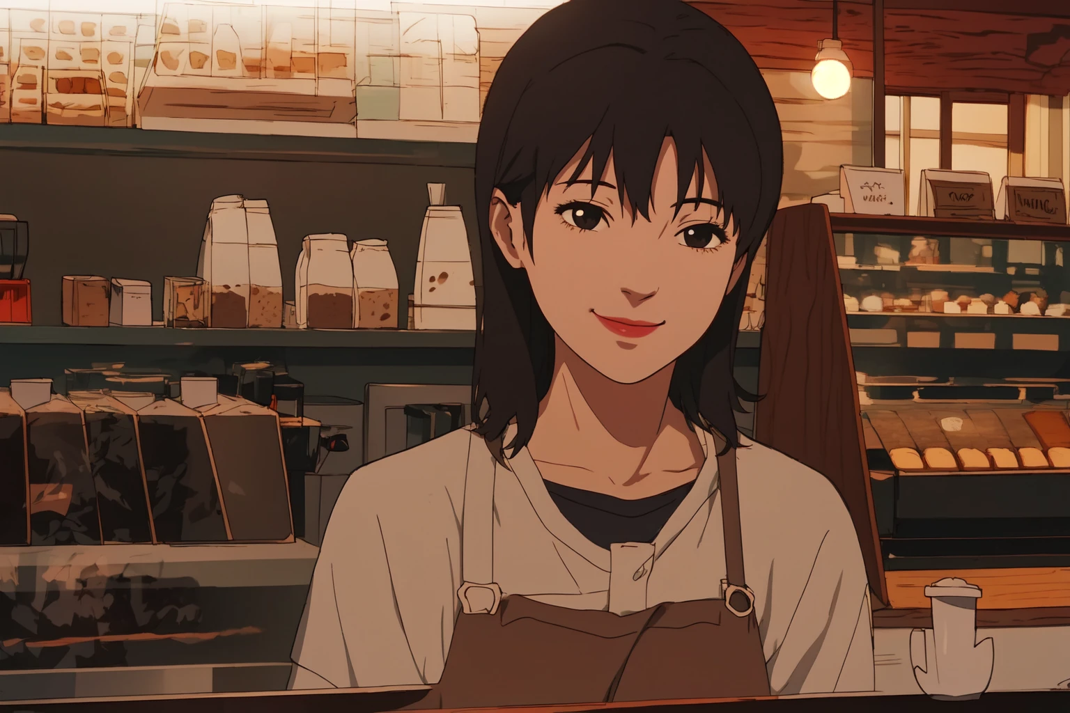 (RAW photo, best quality), 1girl,  natural lighting, upper body, coffee shop, smile,
<lora:satoshi_kon_art_style_v1_2-000007:1>, satosh kon art style