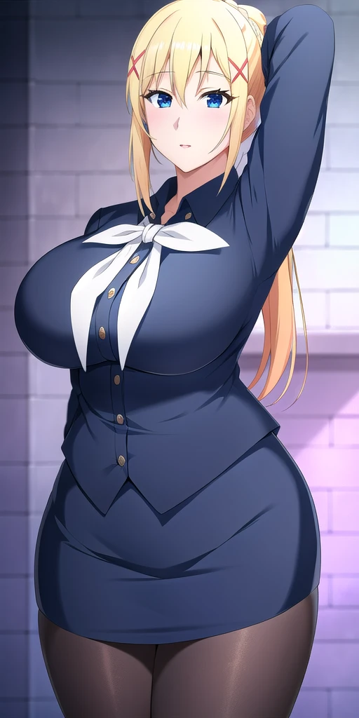 <lora:LalatinaV2:0.7> lalatinadustinessford, huge_breasts, standing, solo, Blue_skirt_suit_white_neckerchief_Black_pantyhose_Pencil_skirt_Miniskirt, starry_sky,, masterpiece, best quality, detailed face, detailed eyes, highres,