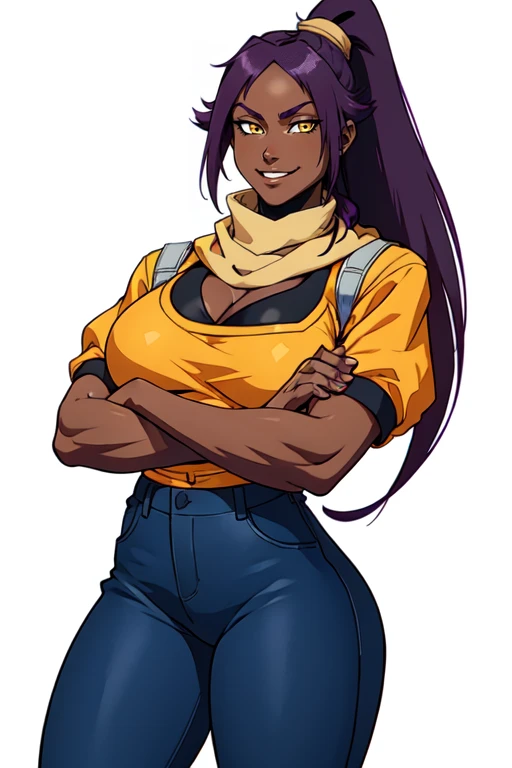 masterpiece,best quality,extreme detail,8k,<lora:yoruichi:0.8>,yoru2, 1girl, solo, long hair, breasts, looking at viewer, smile, large breasts, simple background, white background, navel, cleavage, yellow eyes, ponytail, purple hair, midriff, pants, dark skin, scarf, dark-skinned female, crossed arms