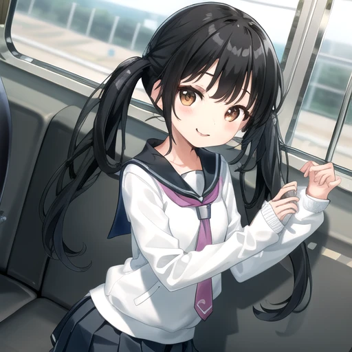 ((masterpiece)),(best quality),official art,extremely detailed CG,unity 8k wallpaper,ultra detailed,train interior,1girl,solo,upper body,looking at viewer,petite,child,very long hair,twintails,black hair,brown eyes,smile,school uniform,white shirt,serafuku,pink necktie,black thighhighs,pleated skirt,black skirt,loafers,<lora:Anjou Ruka(cur):0.8>,