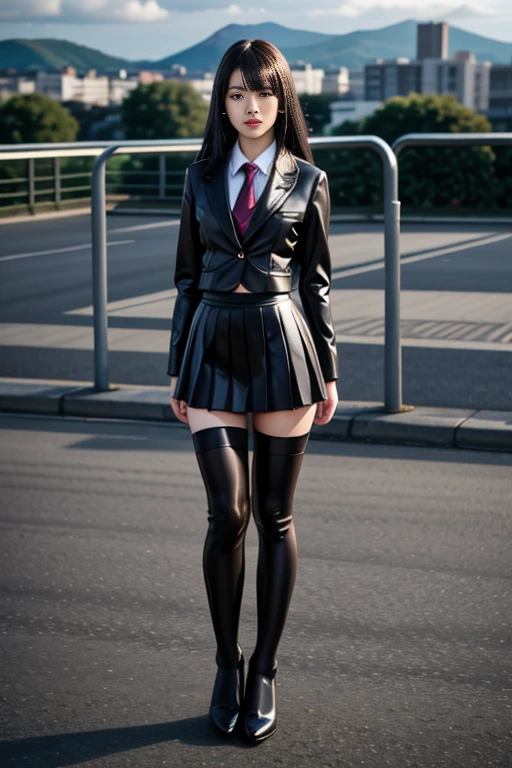 realistic, masterpiece, high detailed skin, looking at viewer, full body shot, scenic view, long hair, black hair
<lora:Latex_School_Dress_By_Stable_Yogi:1> latex pattern school uniform, blazer, skirt, thighhighs