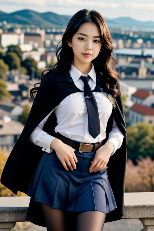 realistic, masterpiece, high detailed skin, looking at viewer, full body shot, scenic view, long hair, black hair
school uniform, long sleeves, black cape, black necktie, wing collar, shirt, belt, skirt, pantyhose, loafers <lora:Black_School_Dress_By_Stable_Yogi:1>