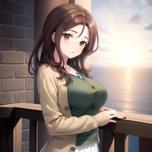 ((masterpiece)),(best quality),official art,extremely detailed CG,unity 8k wallpaper,ultra detailed,A lighthouse on a cliff by the sea,1girl,solo,upper body,(portrait:1.2),looking at viewer,long hair,brown hair,brown eyes,beige cardigan,open cardigan,green shirt,large breasts,white skirt,long skirt,high heels,<lora:Noda Akane(cur):0.8>,