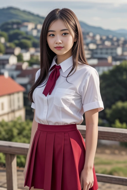 1 woman, 22yo, realistic, masterpiece, high detailed skin, looking at viewer, full body shot, scenic view, long hair, black hair
school uniform, stripped shirt, red skirt, red neck ribbon <lora:R&W_School_Dress_By_Stable_Yogi:1>