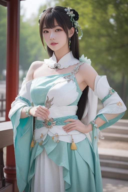 ltra-detailed,highly detailed,best quality,masterpiece,illustration,realistic,photorealistic,
zhuxianbiyao, 1girl, solo, cosplay, 
hanfu, jewelry, cowboy shot, 
looking at viewer, 
<lora:zhuxianbiyao_v1_07:0.7>