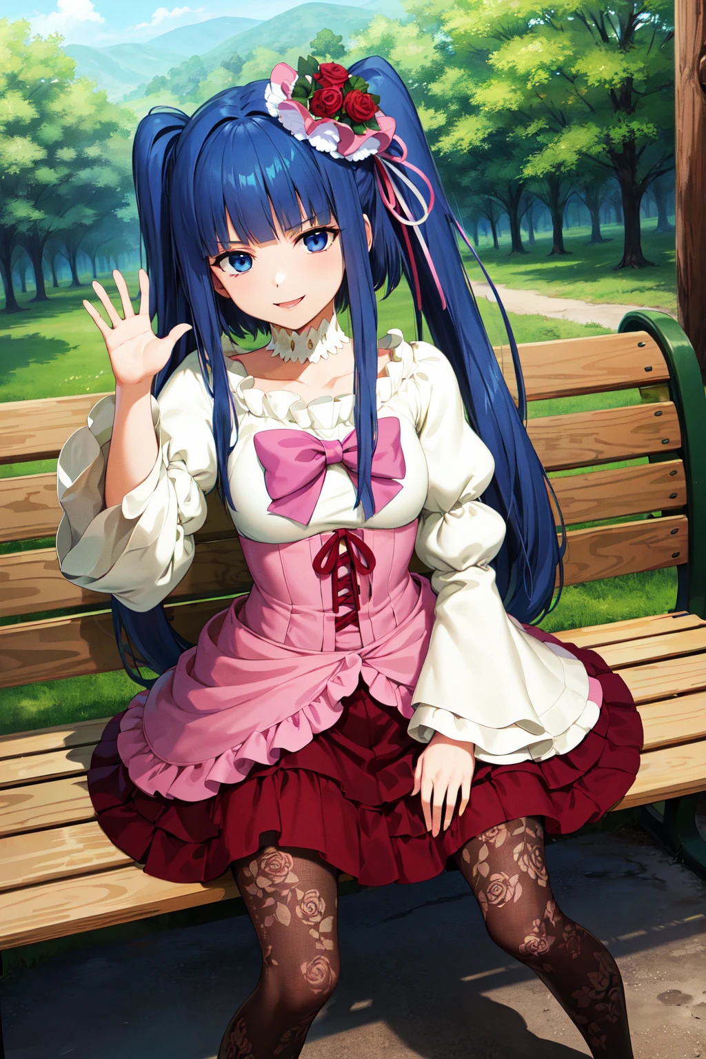 masterpiece, best quality, highres, aaerika, long hair, twintails, hair ornament, choker, pink bow, frilled dress, layered dress, pantyhose, print legwear, <lora:furudo_erika_v1:0.7>, outdoors, sitting, smile, waving, bench