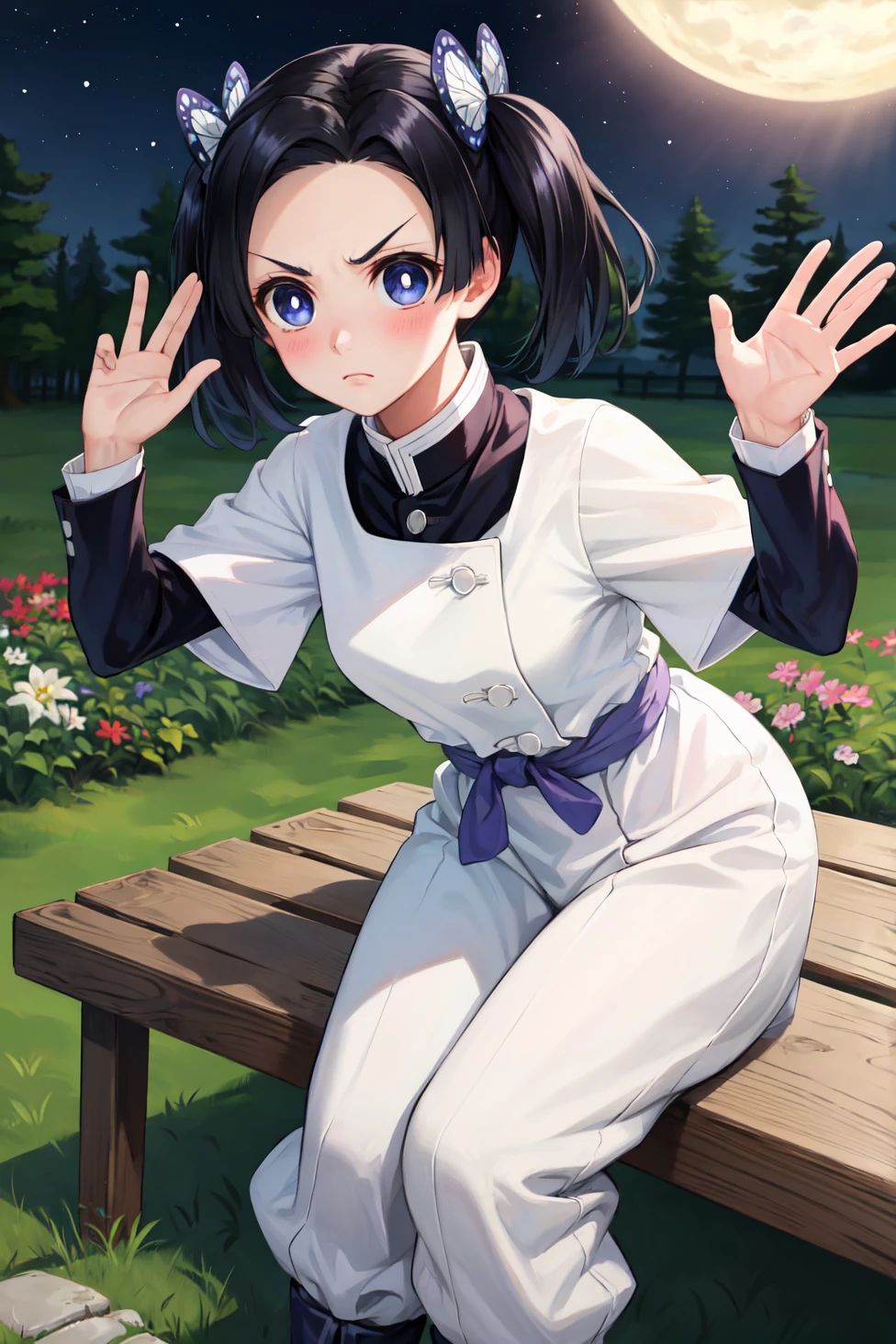 masterpiece, best quality, highres,
AoiDef, 1girl, solo, breasts, blush, short hair, bangs, blue eyes, black hair, hair ornament, twintails, v-shaped eyebrows, parted bangs, frown, bright pupils, white pupils, butterfly hair ornament, kanzaki aoi \(kimetsu no yaiba\),
long sleeves, dress, white dress, jacket, short sleeves, white dress, layered sleeves, short over long sleeves, purple pants, demon slayer uniform, kimetsu no yaiba,
sitting, leaning forward, waving, waving arms, outdoors, forest, field, night, night sky, darkness, starry sky, <lora:LoRA_Aoi:1>