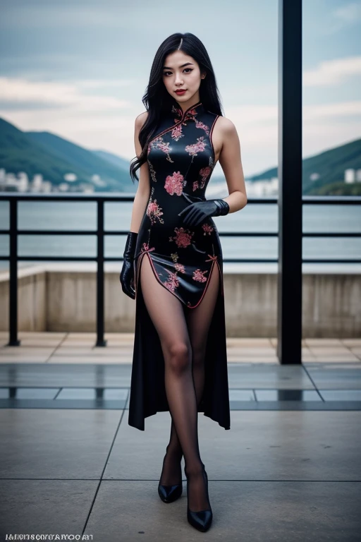 1 woman, 22yo, realistic, masterpiece, high detailed skin, looking at viewer, full body shot, scenic view, long hair, black hair
<lora:Latex_SideSlit_Cheongsam_By_Stable_Yogi:0.6> latex print, black cheongsam, black gloves, pantyhose, fishnets, side slit