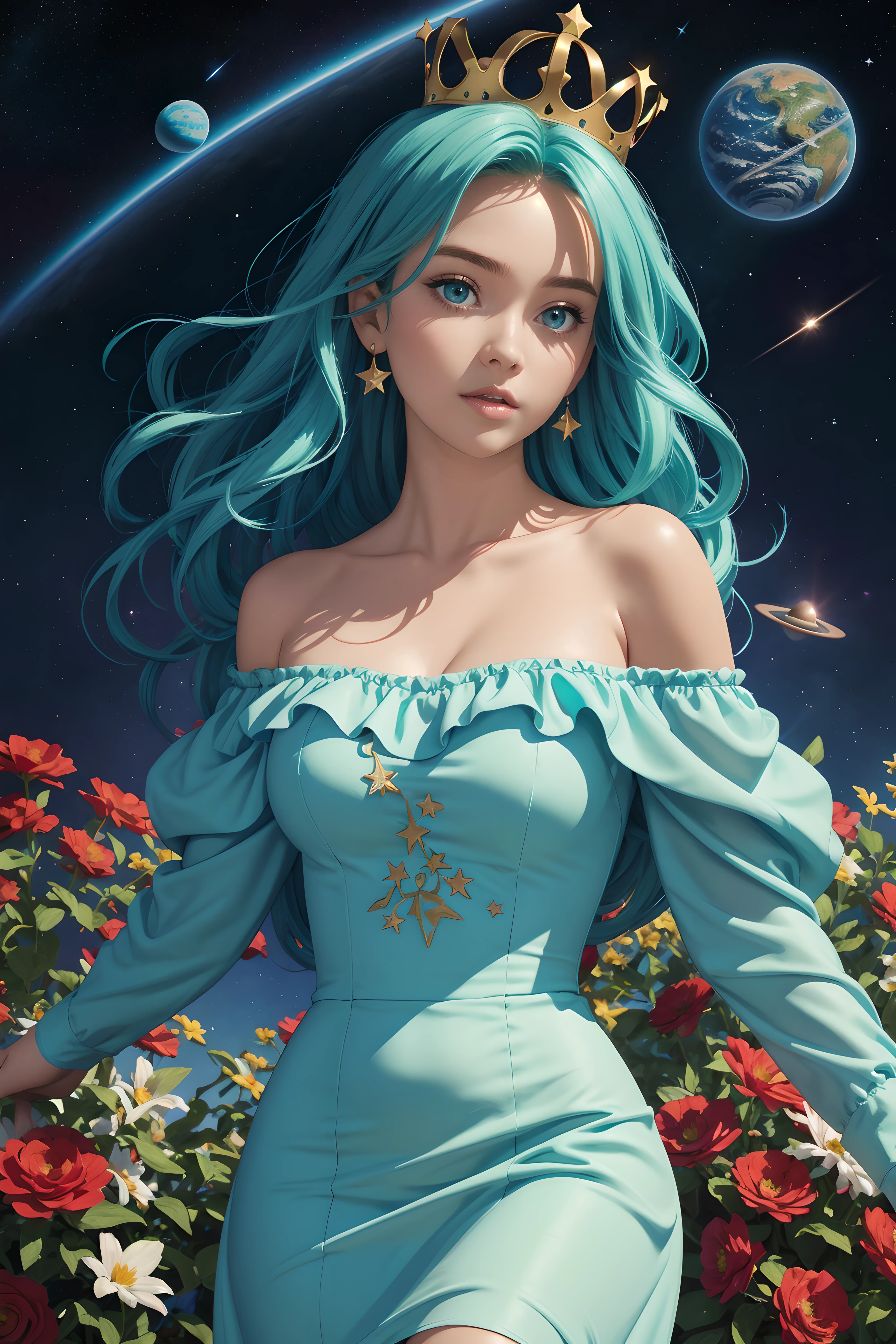 (masterpiece, best quality)thick outlines, comics, photorealistic, 1girl, solo, IncrsRsln, hair over one eye, RslnDef, crown, bare shoulders, off-shoulder dress, long sleeves, blue dress, long dress, aqua dress, space, stars, planets, garden, detailed background, detailed face, detailed eyes,