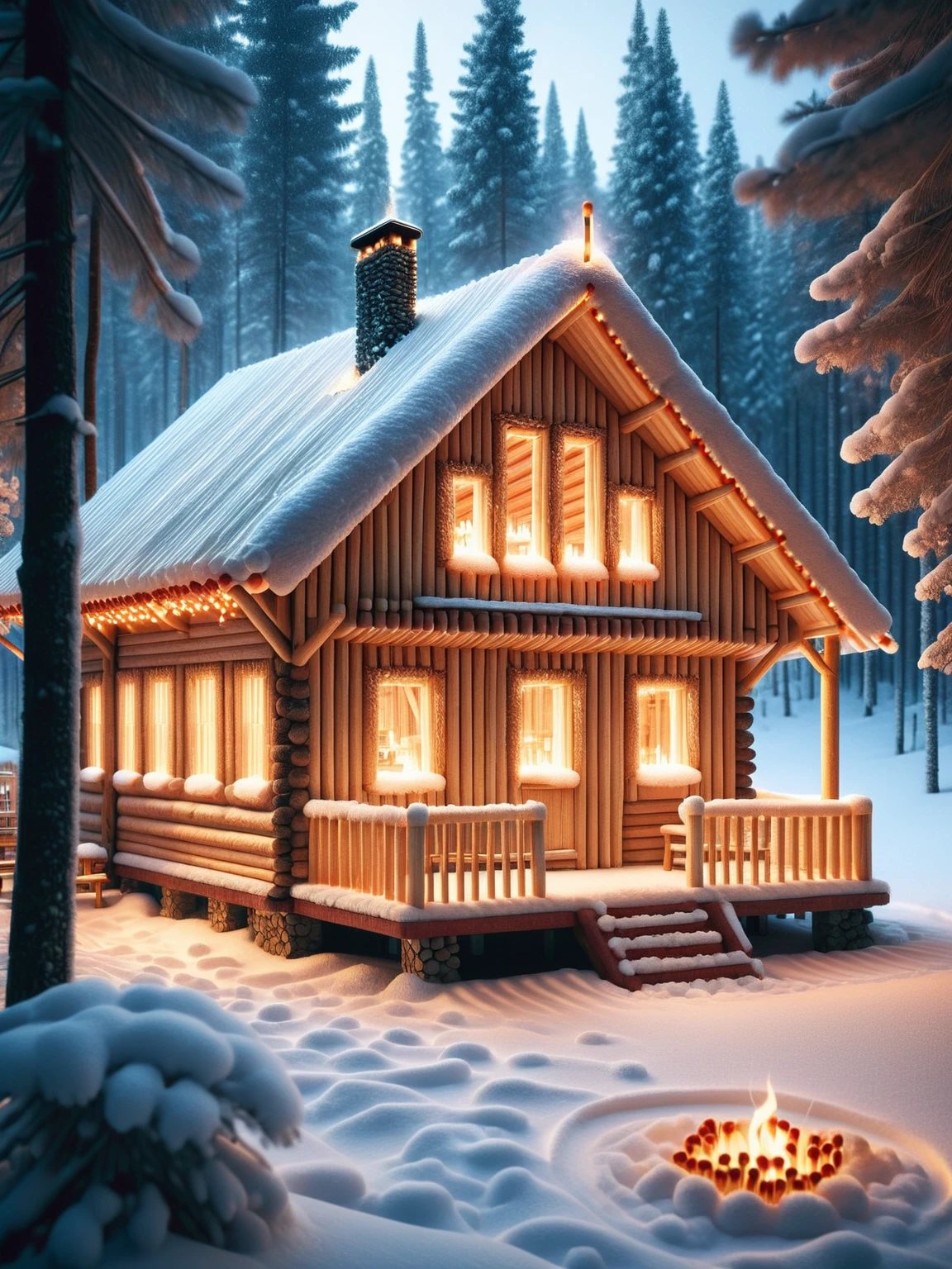 A cozy cabin made of ais-matches nestled in a snowy forest, its windows glowing with warm light <lora:Matches_Style_SDXL:1>