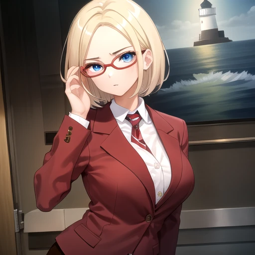 ((masterpiece)),(best quality),official art,extremely detailed CG,unity 8k wallpaper,ultra detailed,A lighthouse on a cliff by the sea,1girl,solo,upper body,(portrait:1.2),looking at viewer,formal,blonde hair,short hair,blue eyes,red-framed eyewear,glasses,suit,large breasts,dark red jacket,collared shirt,white shirt,yellow button,skirt suit,pencil skirt,black thighhighs,garter straps,high heels,<lora:Sofia Igrunov(cur):0.8>,