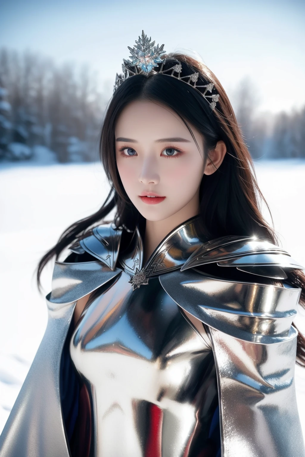 <lora:tj:0.6:lbw=FACE>1 girl,
<lora:cinderella-qb-richy-v1:0.6:lbw=CLOTHING>qbcinderella,
knight, long black hair, black eyes, silver armor, fantasy, elegant crown, winter landscape, snowflakes, cold atmosphere, (highres:1.3), (detailed:1.2), majestic, confident stance, (metallic shine:1.1), royal, poised, serene expression, (vibrant:1.1), detailed armor design, shimmering metal, intricate embroidery on cloak
