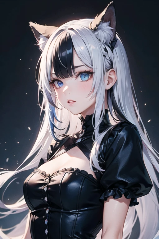 1girl, multicolored hair, (black hair AND white hair),mullet, wolf,black gothic dress,detailed eyes,heterochromia,realistic,