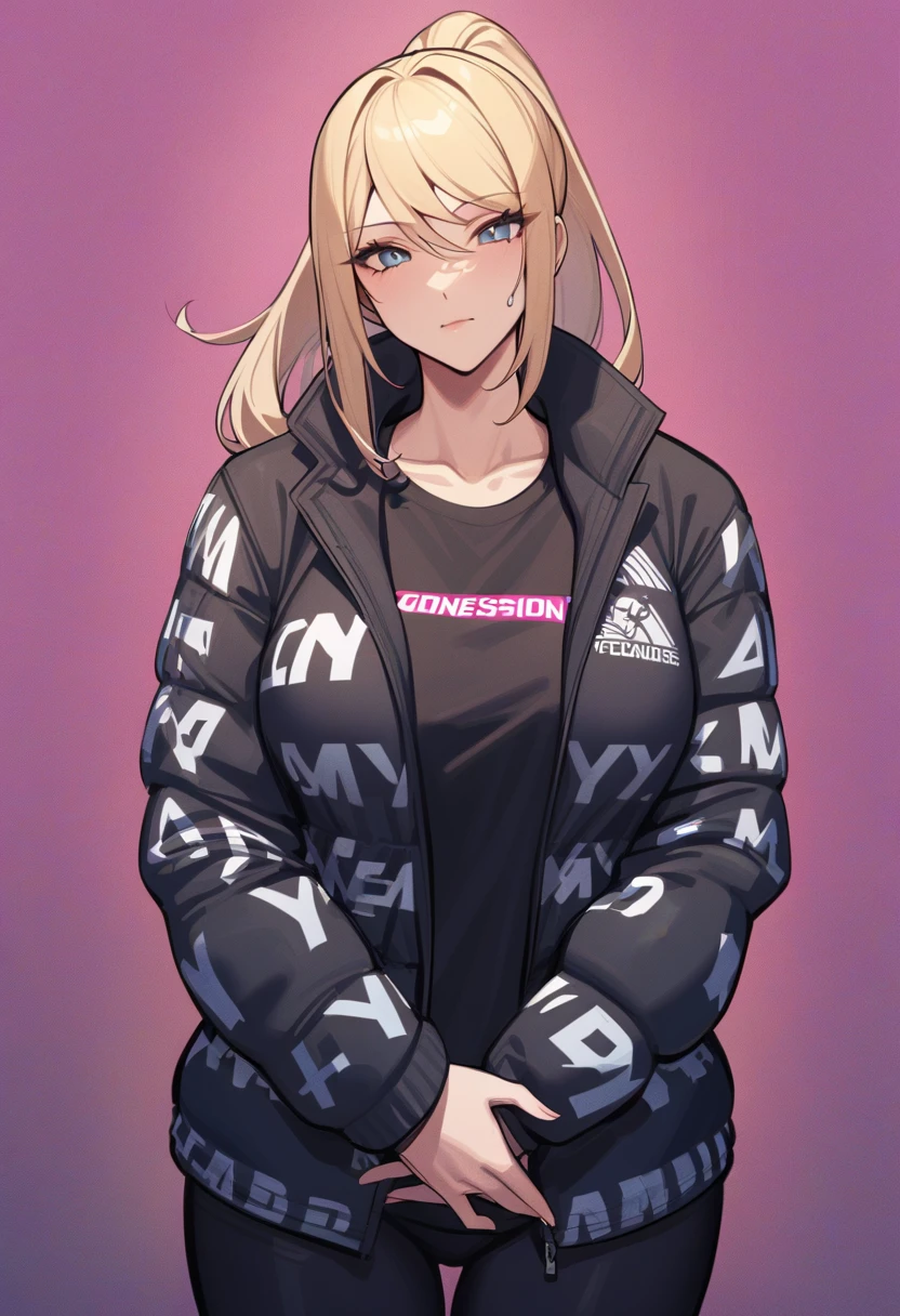 <lora:samus-xl-nvwls-v1:0.8> <lora:attire_dripjacket_xl-000004:1> masterpiece, best quality, rating: general, newest, (art by personal_ami:0.5), solo, 1girl, defsamus, expressionless, looking at viewer, own hands together, blonde hair, dripjacket, black pants
