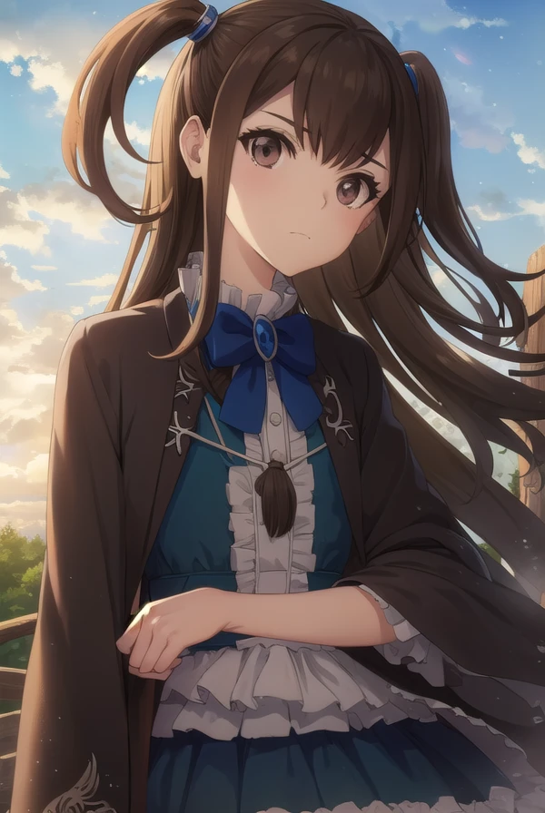 kizunakazayama, <lora:kizuna kazayama s2-lora-nochekaiser:1>,
kizuna kazayama, long hair, brown hair, (brown eyes:1.5), two side up,
BREAK long sleeves, dress, bow, frills, wide sleeves, bowtie, cape, blue bow, brooch, green dress, black cape,
BREAK outdoors, forest, nature, sky, sun, clouds,
BREAK looking at viewer, (cowboy shot:1.5),
BREAK <lyco:GoodHands-beta2:1>, (masterpiece:1.2), best quality, high resolution, unity 8k wallpaper, (illustration:0.8), (beautiful detailed eyes:1.6), extremely detailed face, perfect lighting, extremely detailed CG, (perfect hands, perfect anatomy),