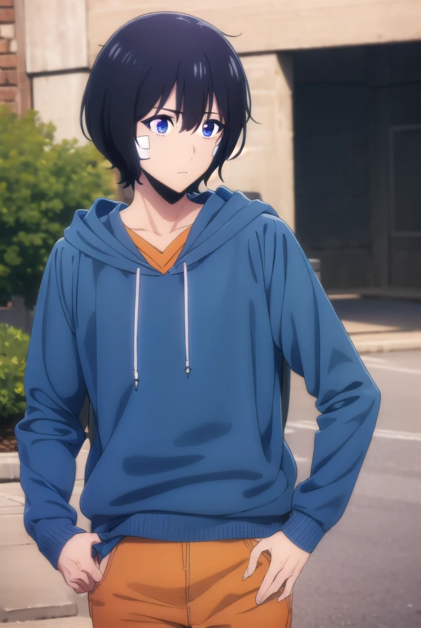 jinwoosung, <lora:jinwoo sung-alpha-lora-nochekaiser:1>,
jinwoo sung, blue eyes, black hair, hair between eyes, male focus,
BREAK hood, hoodie, bandages, hood down, bandaid, orange shirt, blue hoodie, bandage on face,
BREAK outdoors, city,
BREAK looking at viewer, (cowboy shot:1.5),
BREAK <lyco:GoodHands-beta2:1>, (masterpiece:1.2), best quality, high resolution, unity 8k wallpaper, (illustration:0.8), (beautiful detailed eyes:1.6), extremely detailed face, perfect lighting, extremely detailed CG, (perfect hands, perfect anatomy),