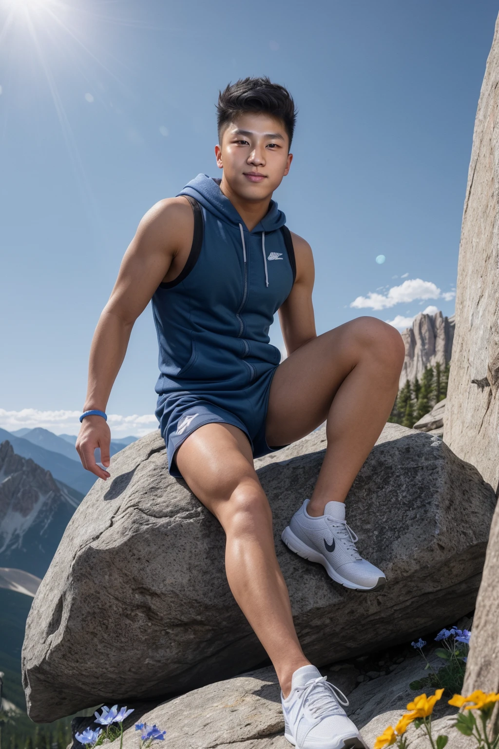 full body, from below, climbing on top of a boulder, looking down at camera, <lora:yul_moldauer-05:0.75> photo of yul_moldauer, Colorado blue columbine flowers, relaxed confident expression, wearing a sleeveless hoodie and compression shorts and white Nike running sneakers, posing in Rocky Mountain National Park, wearing a wristband, natural light, sunlight, bright light
