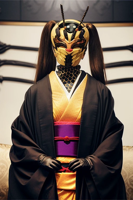 a photoshoot of HachiAugment01, twintails, honeycomb bodysuit, long gloves, kimono, obi, hornet helmet, robe, regal, elegant