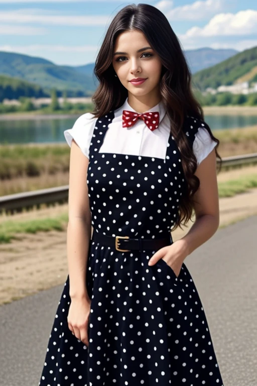 realistic, masterpiece, high detailed skin, looking at viewer, full body shot, scenic view, long hair, black hair
<lora:Pinafore_Polka_School_Dress_By_Stable_Yogi:1> polka dots pattern pinafore dress, long skirt, red bowtie, belt