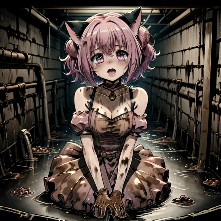 NSFW,taimanin,((Yatsu Murasaki)),Full Body、cutting body,Kneeling,(Woman covered in blood,blood is flowing from the mouth),Ripped purple bodysuit,Being stabbed in the stomach with a knife,