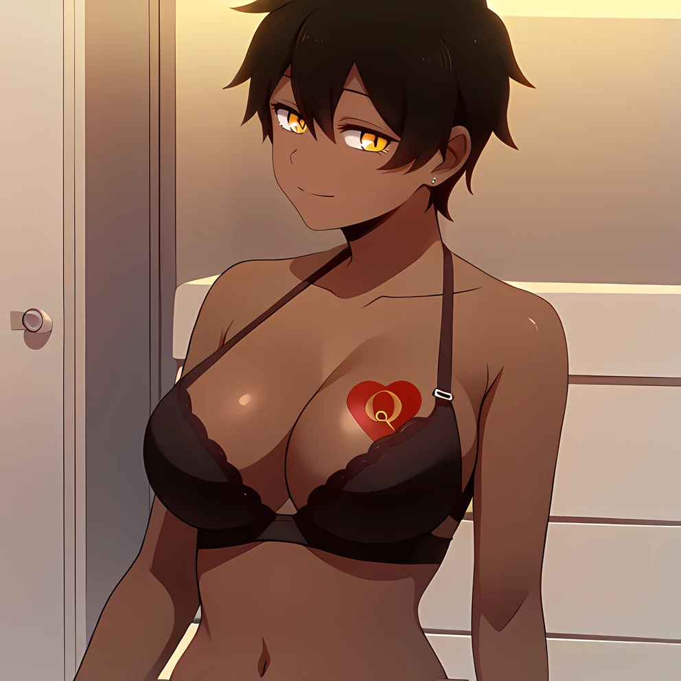 1girl,dark-skin female,brown skin, spots bra,white tattoo <lora:Natsume-NAI-LyCORIS:0.8> ntsme with a <lora:qoh-tattoo-lora-v0.1:0.9> white queen of hearts symbol tattoo,