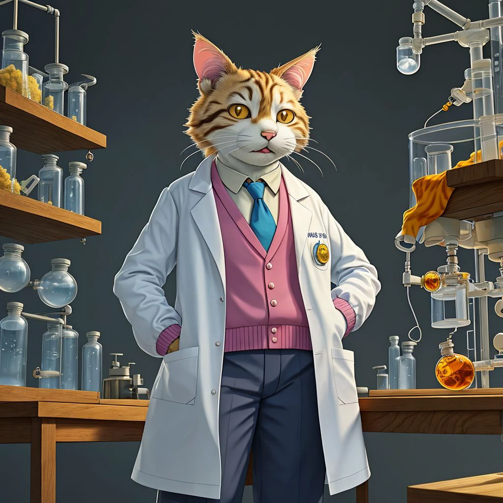 A scientist HuMeow in a lab coat <lora:SD15-HuMeow-LoRA:1>