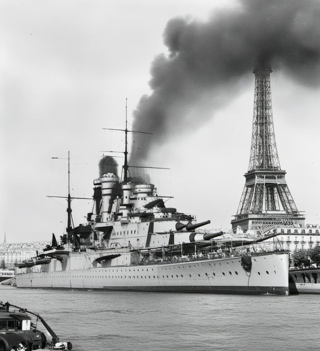 battleship, Black and white photos, city, Paris<lora:BATTLESHIP:0.7>